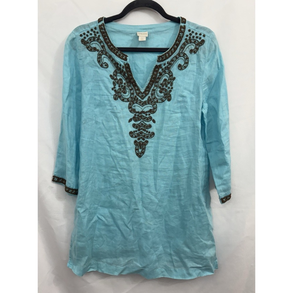 Chico's 100% Linen Beaded Tunic‎ Turquoise 3/4 Sleeve Womens Size 0 Small